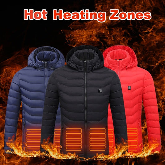 Men Heated Puffer Jacket Electric Heating Coat Insulated Hood Windbreaker 9Heat Zones